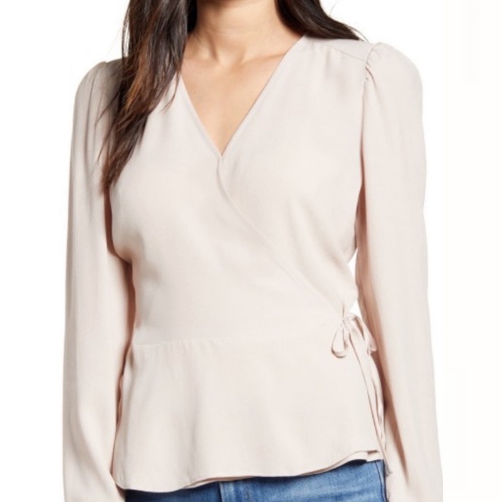 Nordstrom Crepe Wrap Tan Memoir‎ Blouse Size Small Viscose Minimalist Neutral S